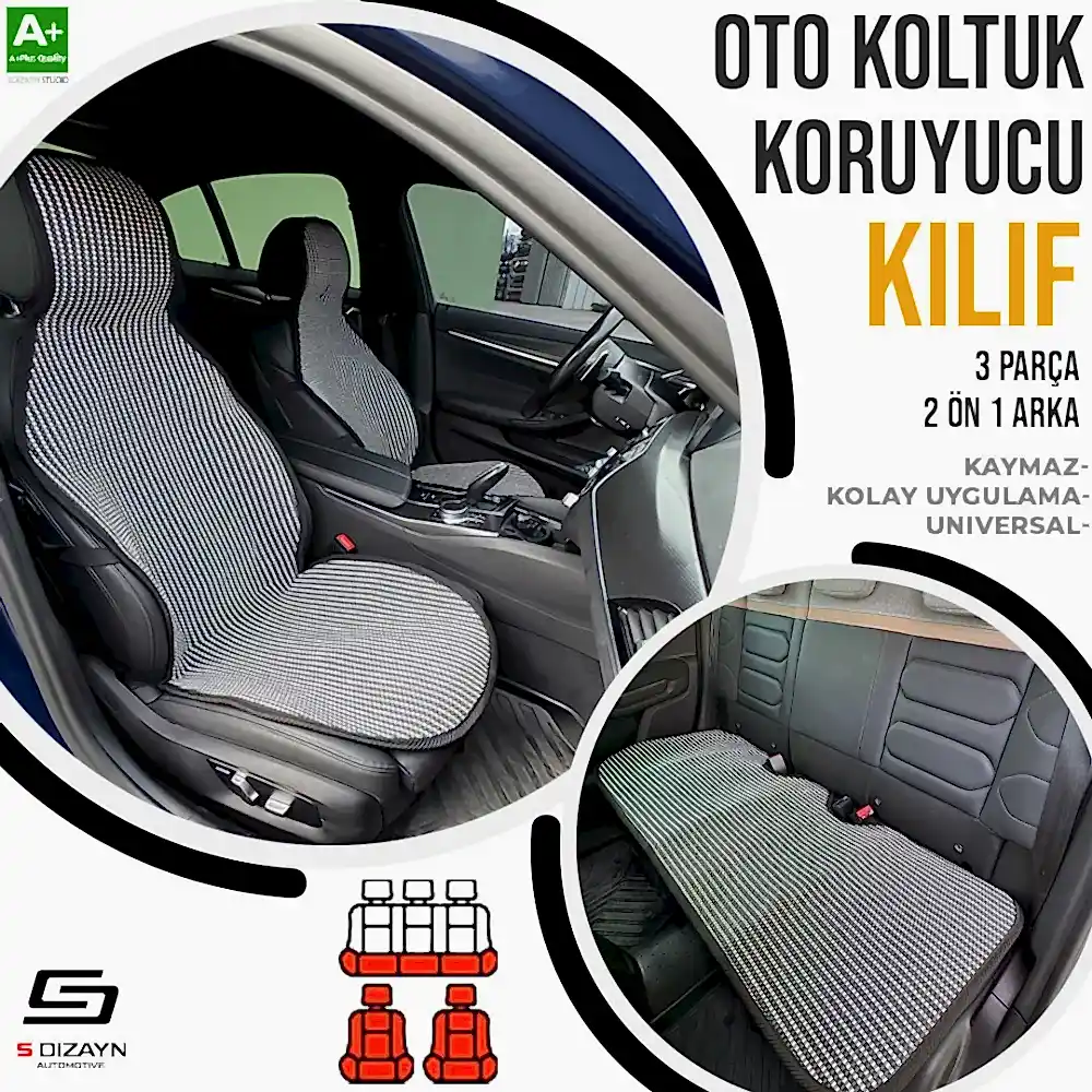 S-Dizayn Oto Koltuk Koruyucu Kılıf Çizgili Füme Beyaz Universal 2+1 Parça Ön Arka A+ Kalite