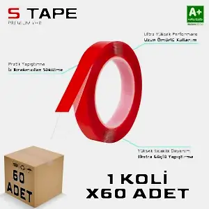 S-Dizayn Çift Taraflı Bant 10Mm X 5 Metre Şeffaf Silikon Vhb Bant 60'Lı Koli A+Kalite