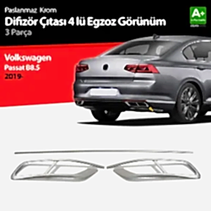 Volkswagen Passat Uyumlu B8.5 Krom Egzoz Görünümü Difüzör 4'Lü R Line 3 Parça 2019 Ve Üzeri