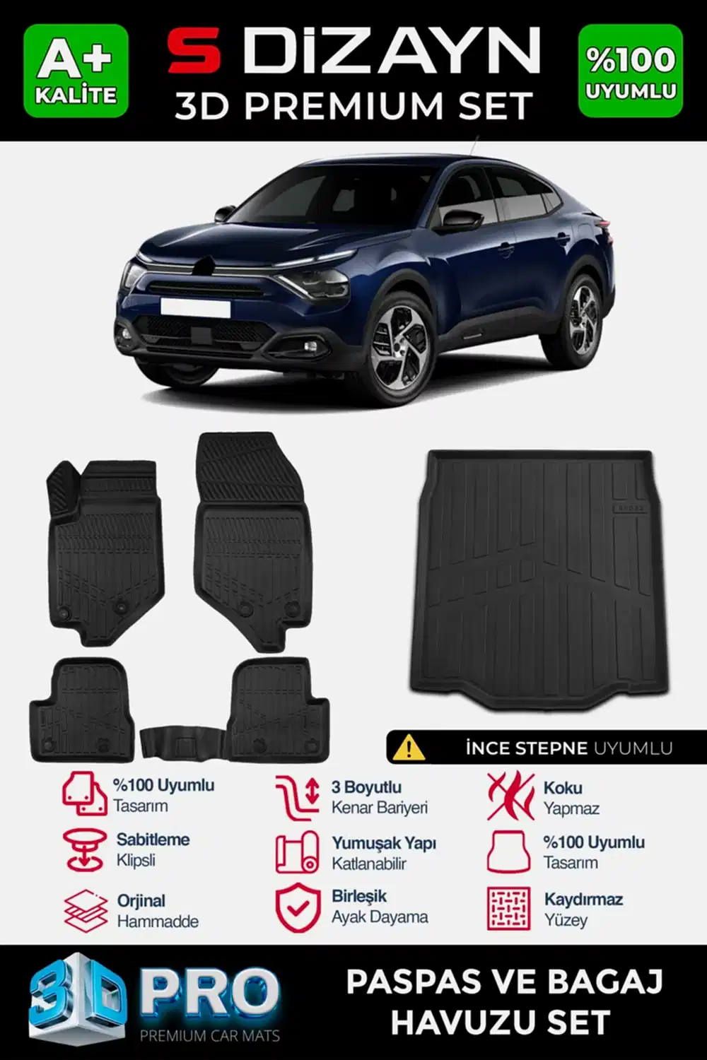 S-Dizayn Citroen C4X 3D Pro Havuzlu Paspas ve Bagaj Havuzu Seti (2'li SET) İnce Stepne 2023 Üzeri A+ Kalite