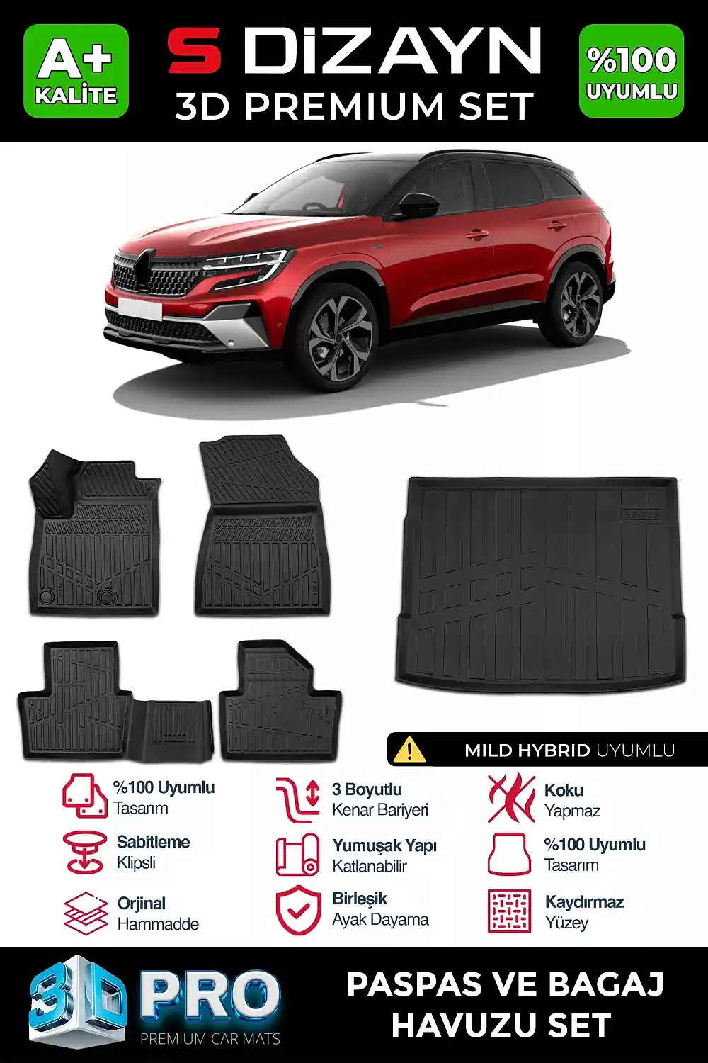 S-Dizayn Renault Austral Mild Hybrid 3D Pro Havuzlu Paspas ve Bagaj Havuzu Seti (2'li SET) 2023 Üzeri A+ Kalite