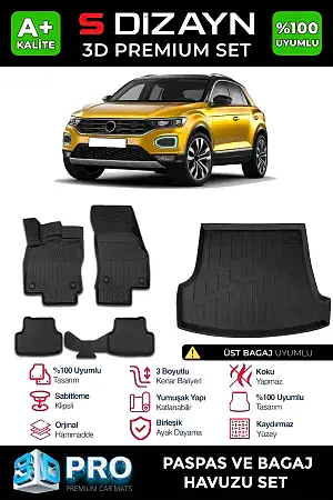 S-Dizayn Vw T-Roc 3D Pro Havuzlu Paspas Ve Üst Bagaj Havuzu Seti (2'Li Set) 2019-2021 A+ Kalite