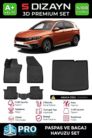 S-Dizayn Fiat Egea Cross 3D Pro Havuzlu Paspas ve Bagaj Havuzu Seti (2'li SET) 2020 Üzeri A+ Kalite