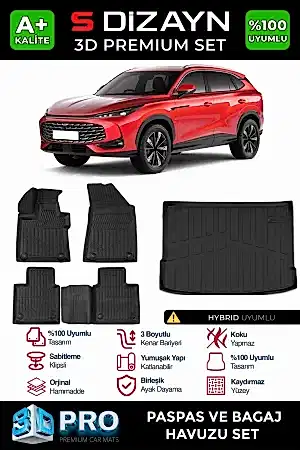 S-Dizayn Mg Hs Turbo Hybrid 3D Pro Havuzlu Paspas Ve Bagaj Havuzu Seti (2'Li Set) 2024 Üzeri A+ Kalite