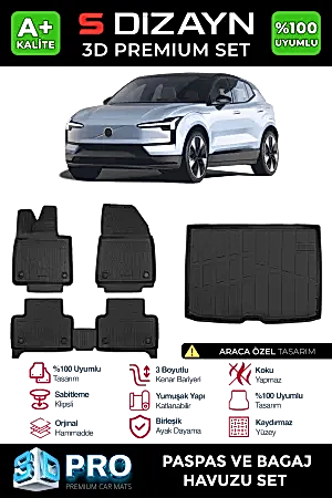 S-Dizayn Volvo EX30 3D Pro Havuzlu Paspas ve Bagaj ürününü inceleyin. Özellik, kullanım ve uyumluluk bilgilerini ürün sayfasından kontrol edin.
