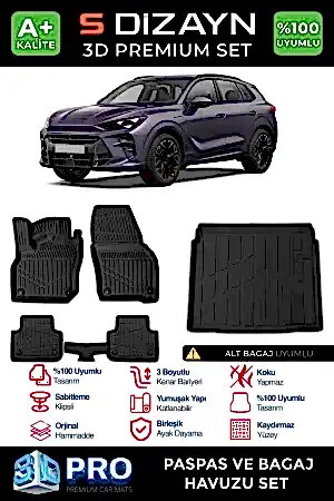 S-Dizayn Cupra Terramar 3D Pro Havuzlu Paspas Ve Alt Bagaj Havuzu Seti (2'Li Set) 2024 Üzeri A+ Kalite