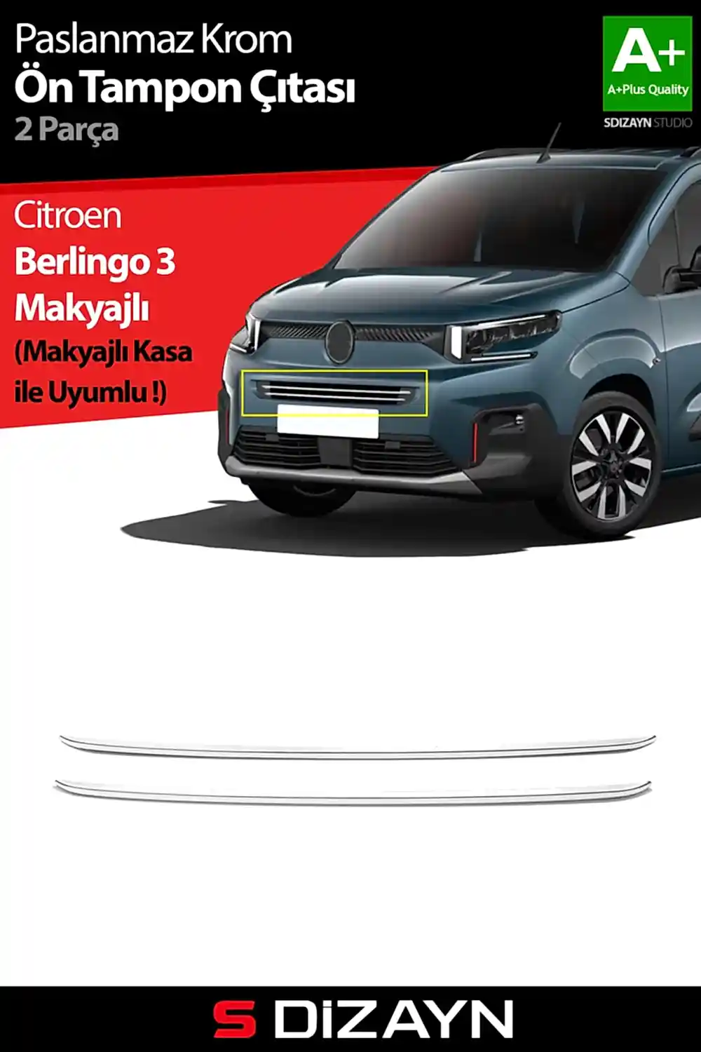 S-Dizayn Citroen Berlingo Makyajlı Krom Ön Tampon Çıtası 2 Prç 2024 Üzeri A+ Kalite