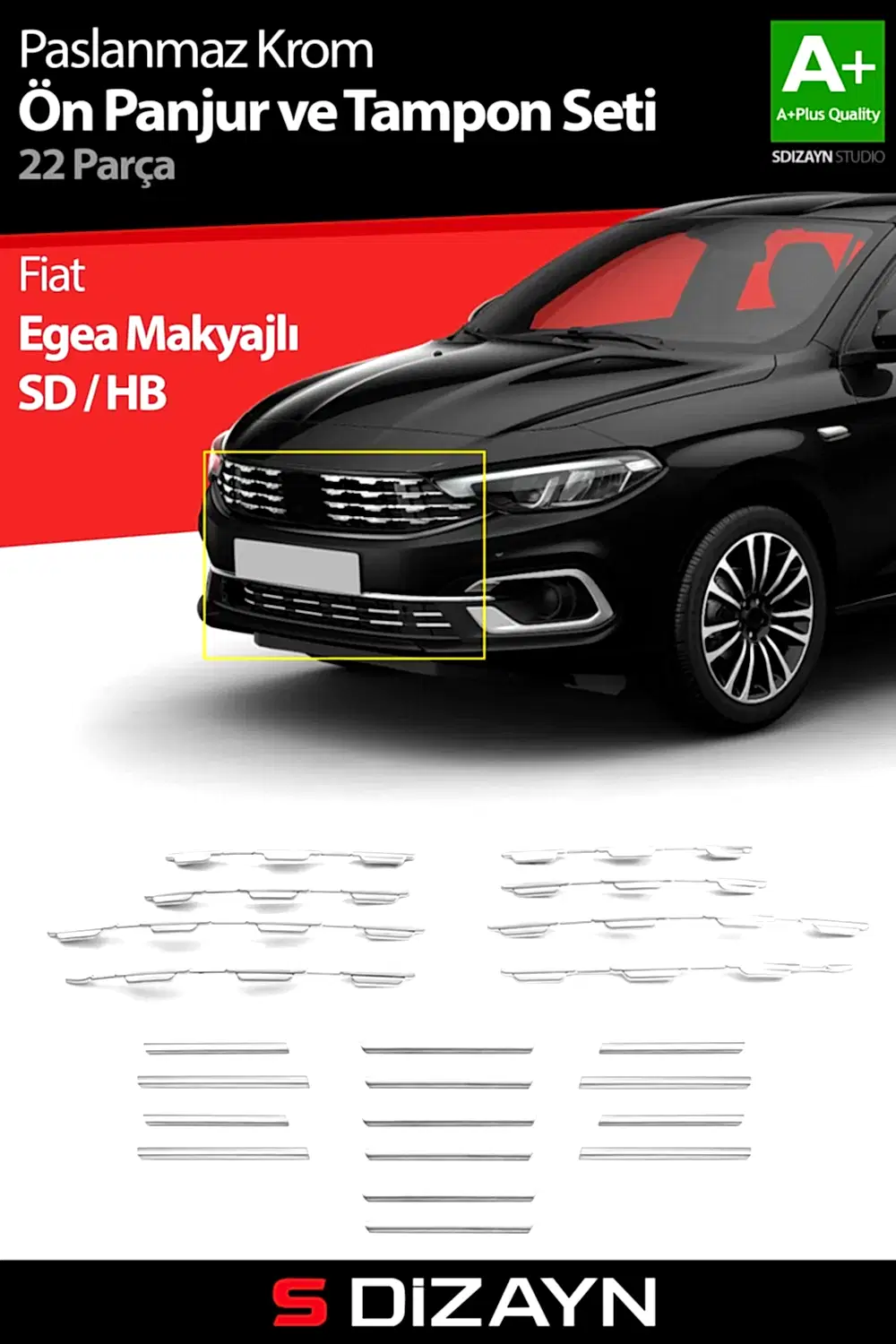 S-Dizayn Fiat Egea Krom Ön Panjur ve Tampon Çıta Seti Diamond Model 22 Prç. 2020 Üzeri (Parlak Krom)
