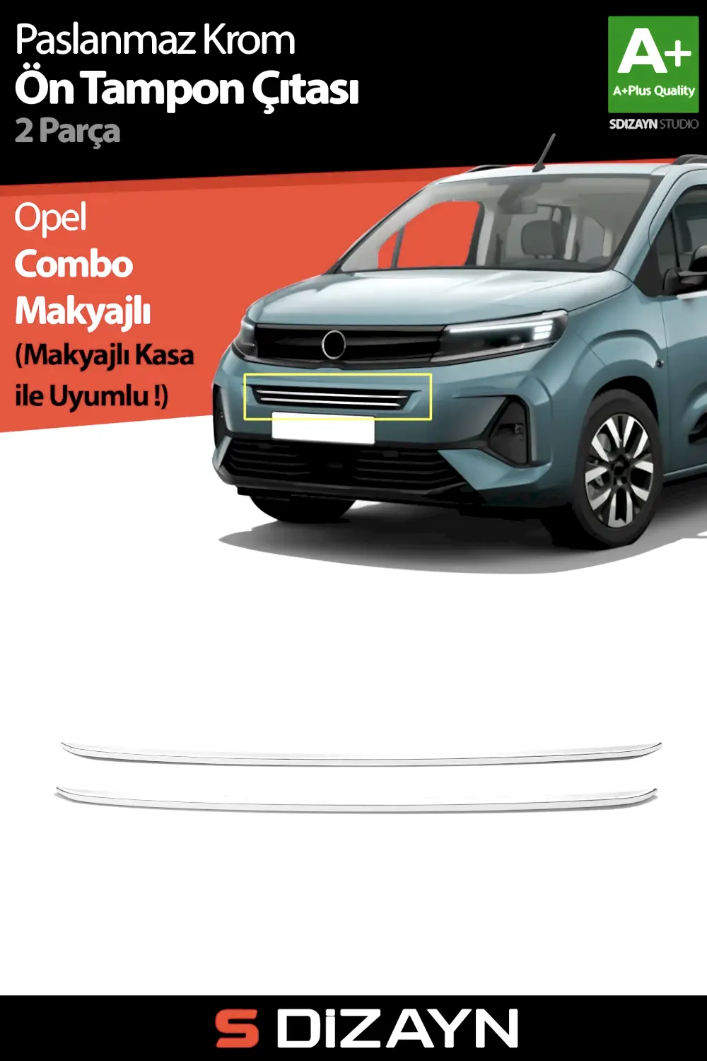S-Dizayn Opel Combo Makyajlı Krom Ön Tampon Çıtası 2 Prç 2023 Üzeri A+ Kalite