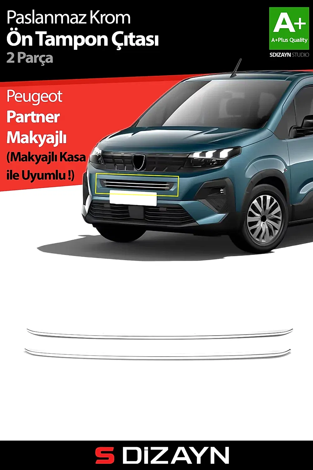 S-Dizayn Peugeot Rifter Makyajlı Krom Ön Tampon Çıtası 2 Prç 2024 Üzeri A+ Kalite